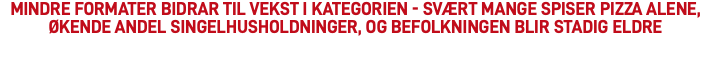 Mindre formater bidrar til vekst i kategorien - svært mange spiser pizza alene, økende andel singelhusholdninger, og befolkningen blir stadig eldre
