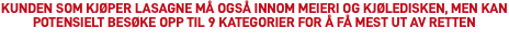 Kunden som kjøper lasagne må også innom meieri og kjøledisken, men kan potensielt besøke opp til 9 kategorier for å få mest ut av retten